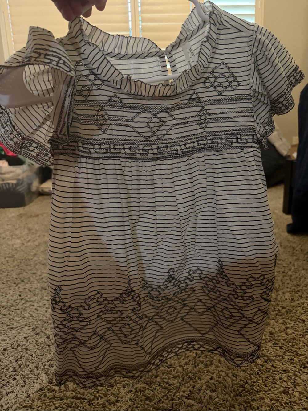 Anthropologie White Blouse with Nacy Stripes & Embroidered Accents